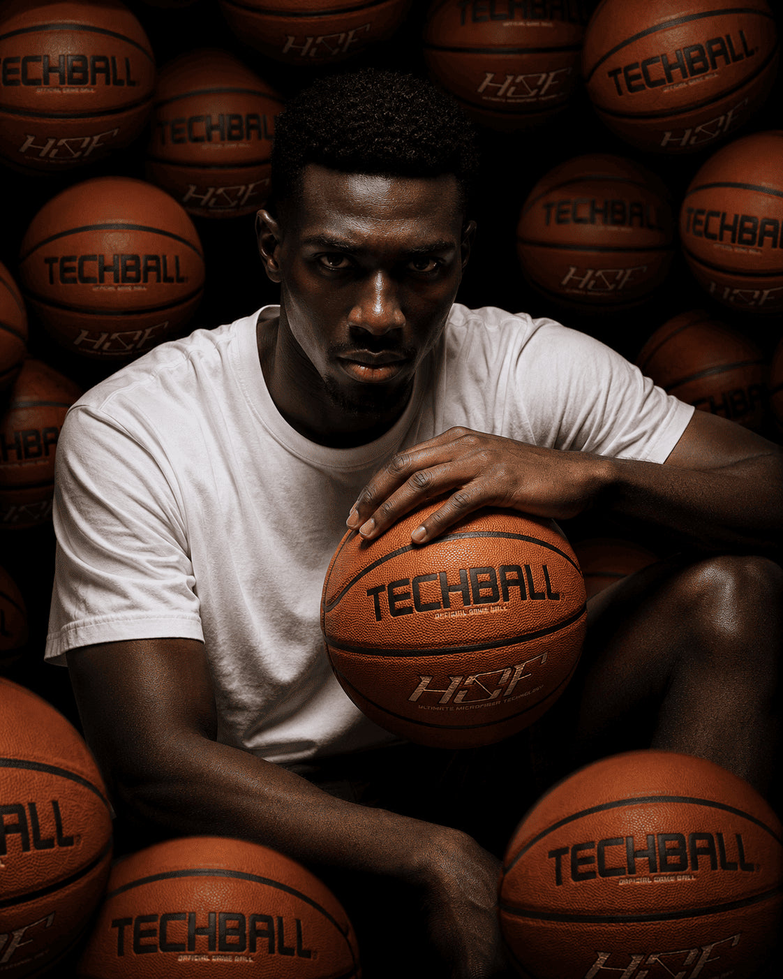 Joueur de basket avant un ballon TechBall HOF dans les mains et des ballons de basket autour de lui